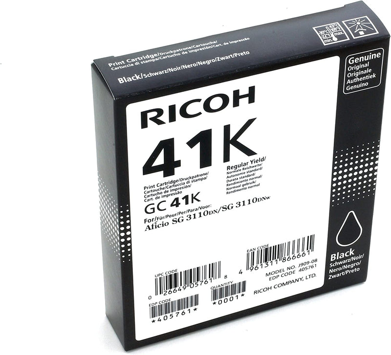 Ricoh Genuine OEM 405761 GC41K (GC 41K) Black Print Ink Cartridge (2.5K YLD) (405822)