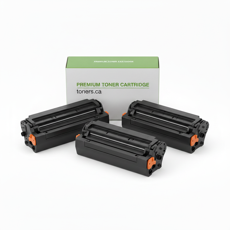 TN660-C-3PK angled group of three blank compatible toner cartridges with toners.ca box