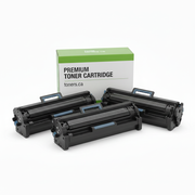 CF258X-C-3PK angled group of three blank compatible enterprise-style toner cartridges with toners.ca box