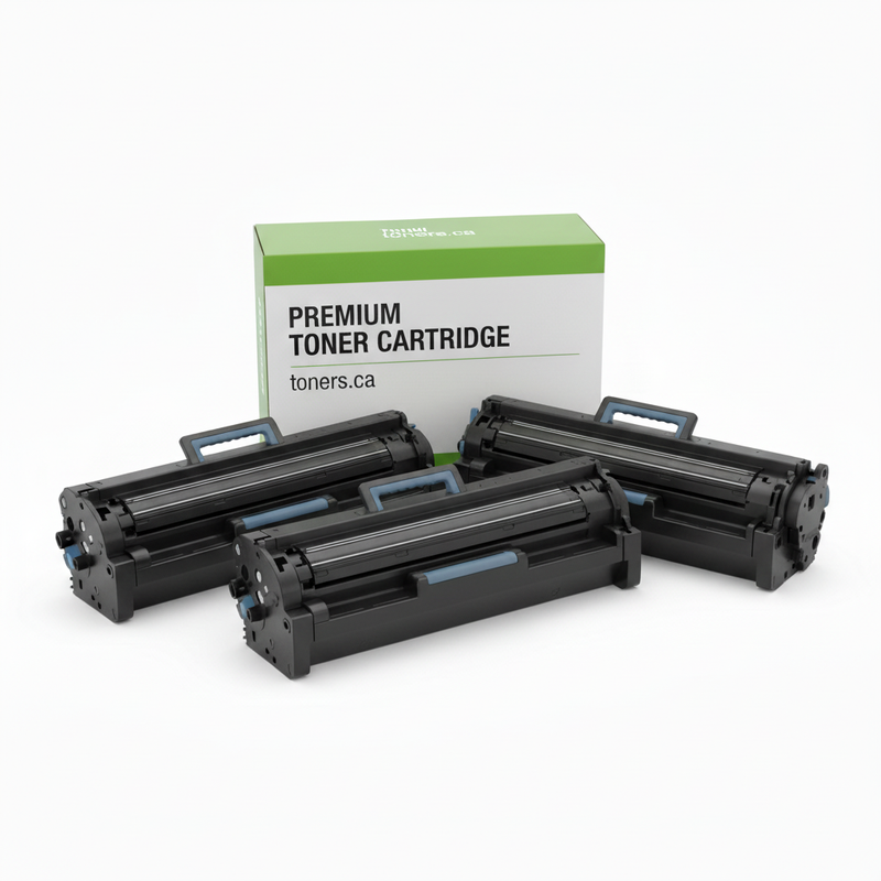 CF258X-C-3PK angled group of three blank compatible enterprise-style toner cartridges with toners.ca box