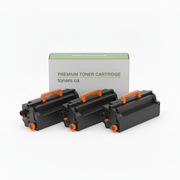 TN760-C-3PK angled group of three blank compatible toner cartridges with toners.ca box
