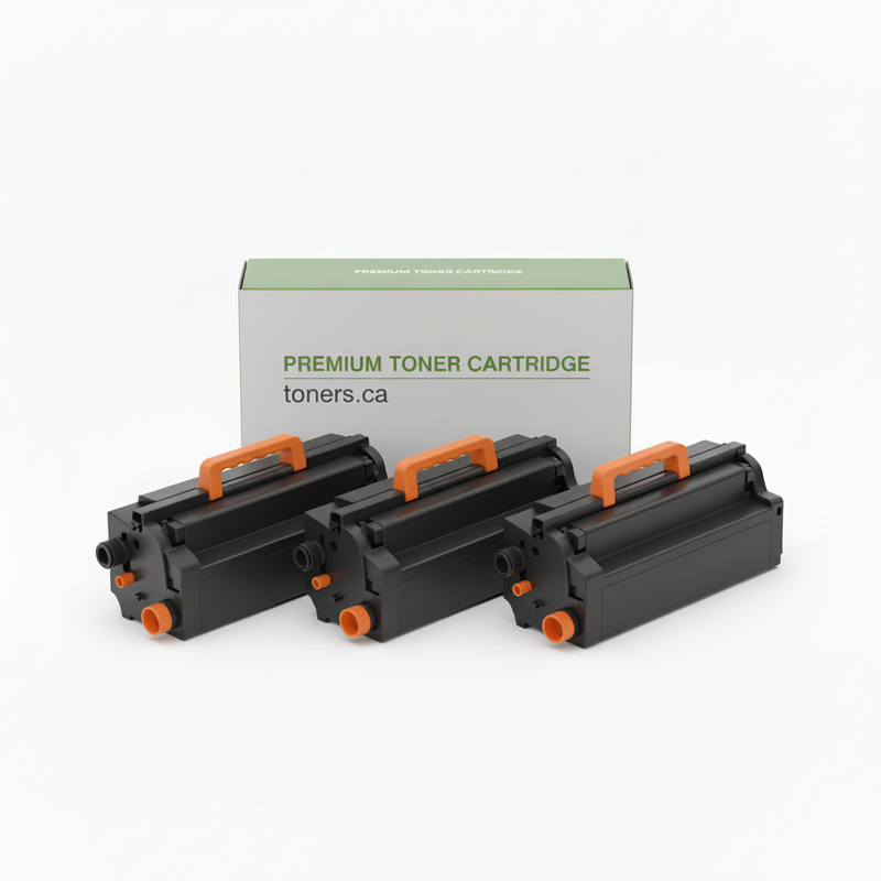 TN760-C-3PK angled group of three blank compatible toner cartridges with toners.ca box