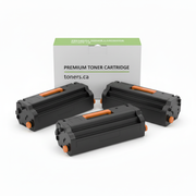 TN830XL-C-3PK angled group of three blank compatible toner cartridges with toners.ca box