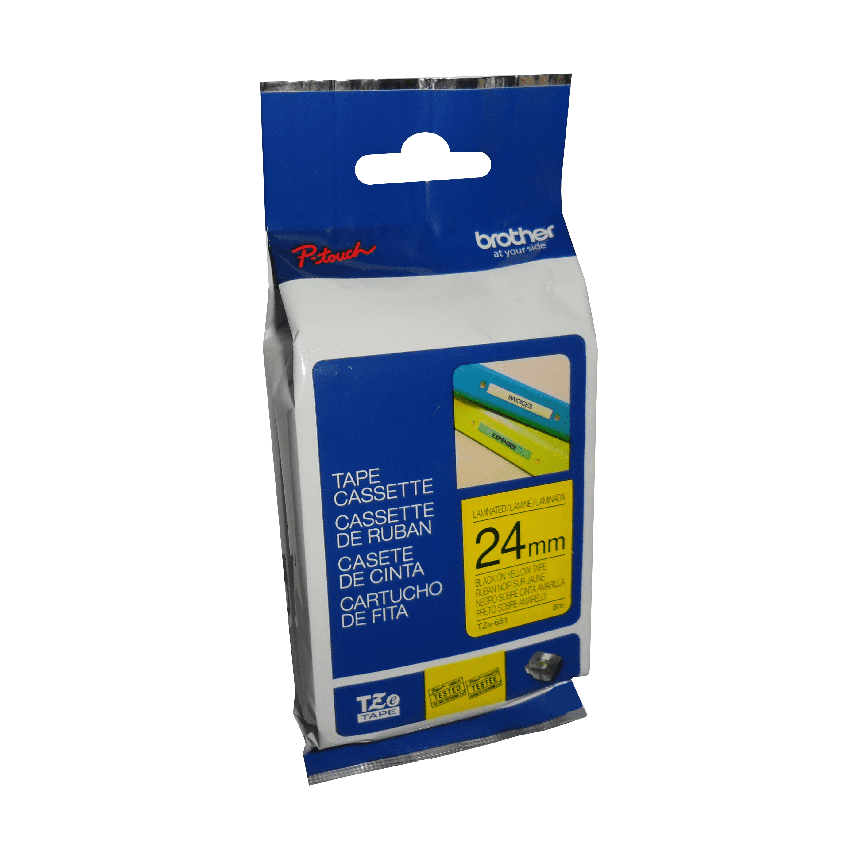Brother Genuine TZe651 Black on Yellow Laminated Tape for P-touch Label Makers, 24 mm wide x 8 m long