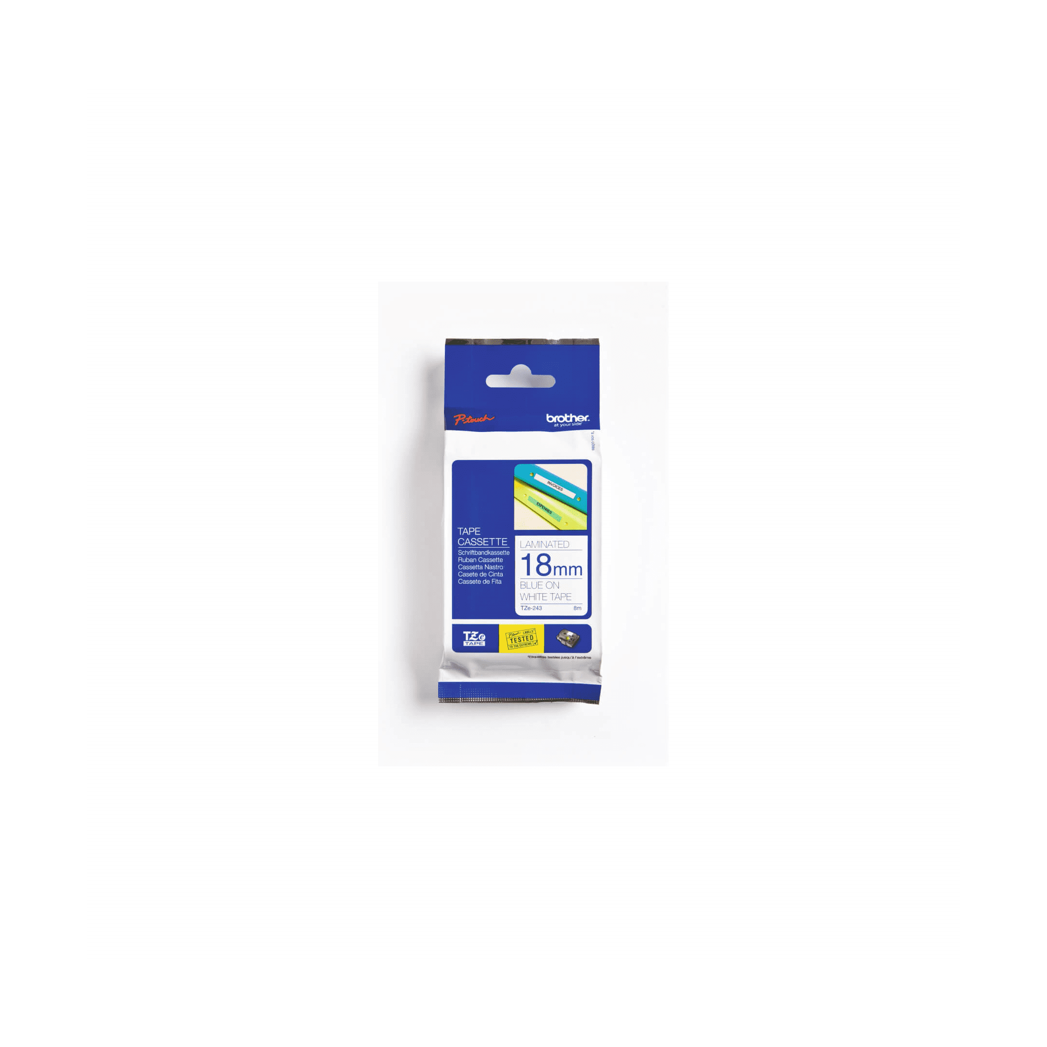 Brother Genuine TZe243 Blue on White Laminated Tape for P-touch Label Makers, 18 mm wide x 8 m long