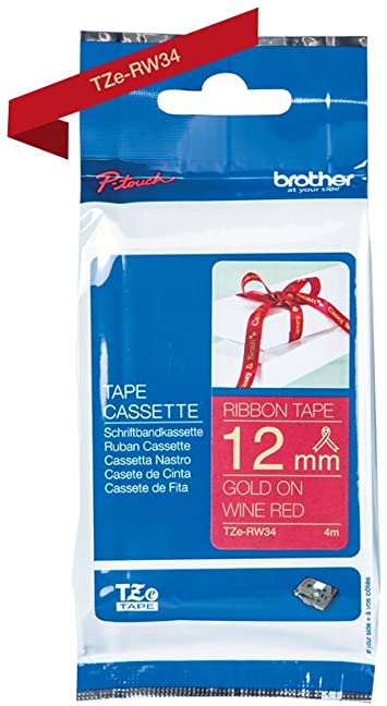 Brother Genuine TZERW34 Decorative Gold on Wine Red Satin Ribbon for P-touch Label Makers, 12 mm wide x 4 m long - toners.ca
