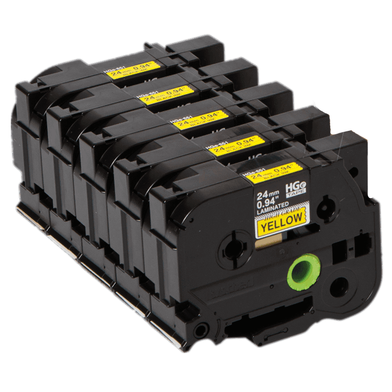 Brother HGE6515 Pack Black on Yellow HGe 24 mm Tape with Standard Adhesive, 8 m   5-pack