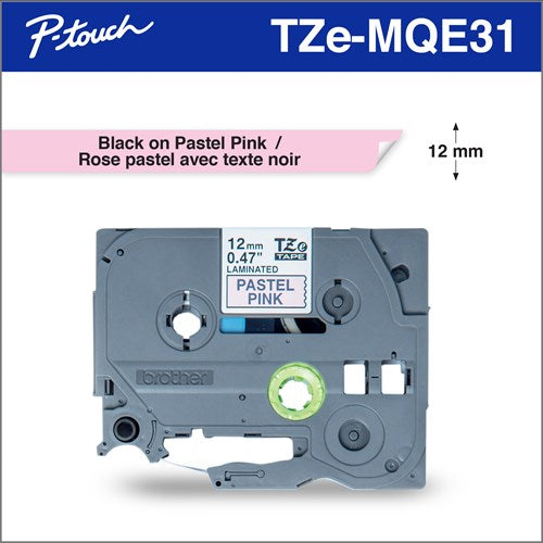 Brother Genuine TZEMQE31 Black Print on Pastel Pink Tape for P-touch Label Makers, 12 mm wide x 4 m long