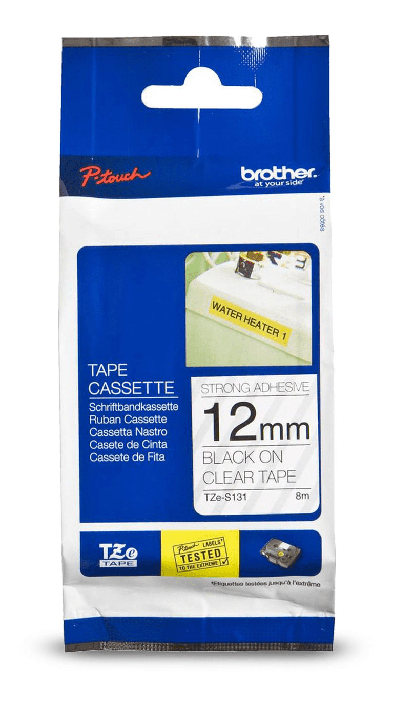 Brother Genuine TZe-S131 Black on Clear Extra Strength Adhesive Tape for P-touch Label Makers, 12 mm wide x 8 m long