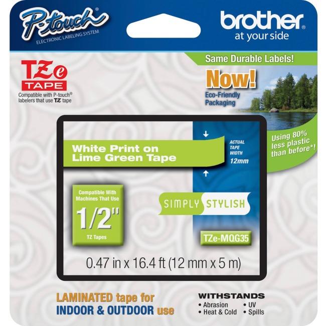 Brother Genuine TZEMQG35 White Print on Lime Green Tape for P-touch Label Makers, 12 mm wide x 4 m long