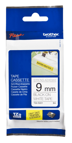 Brother Genuine TZe-S221 Black on White Extra Strength Adhesive Tape for P-touch Label Makers, 9 mm wide x 8 m long