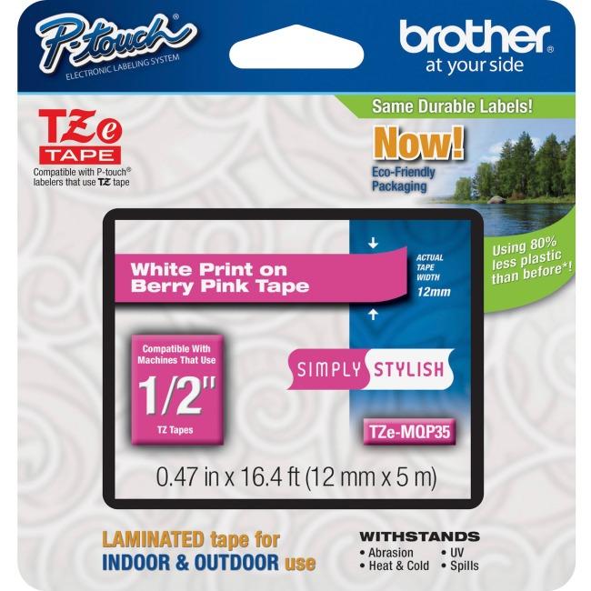 Brother Genuine TZEMQP35 White Print on Berry Pink Tape for P-touch Label Makers, 12 mm wide x 4 m long - toners.ca