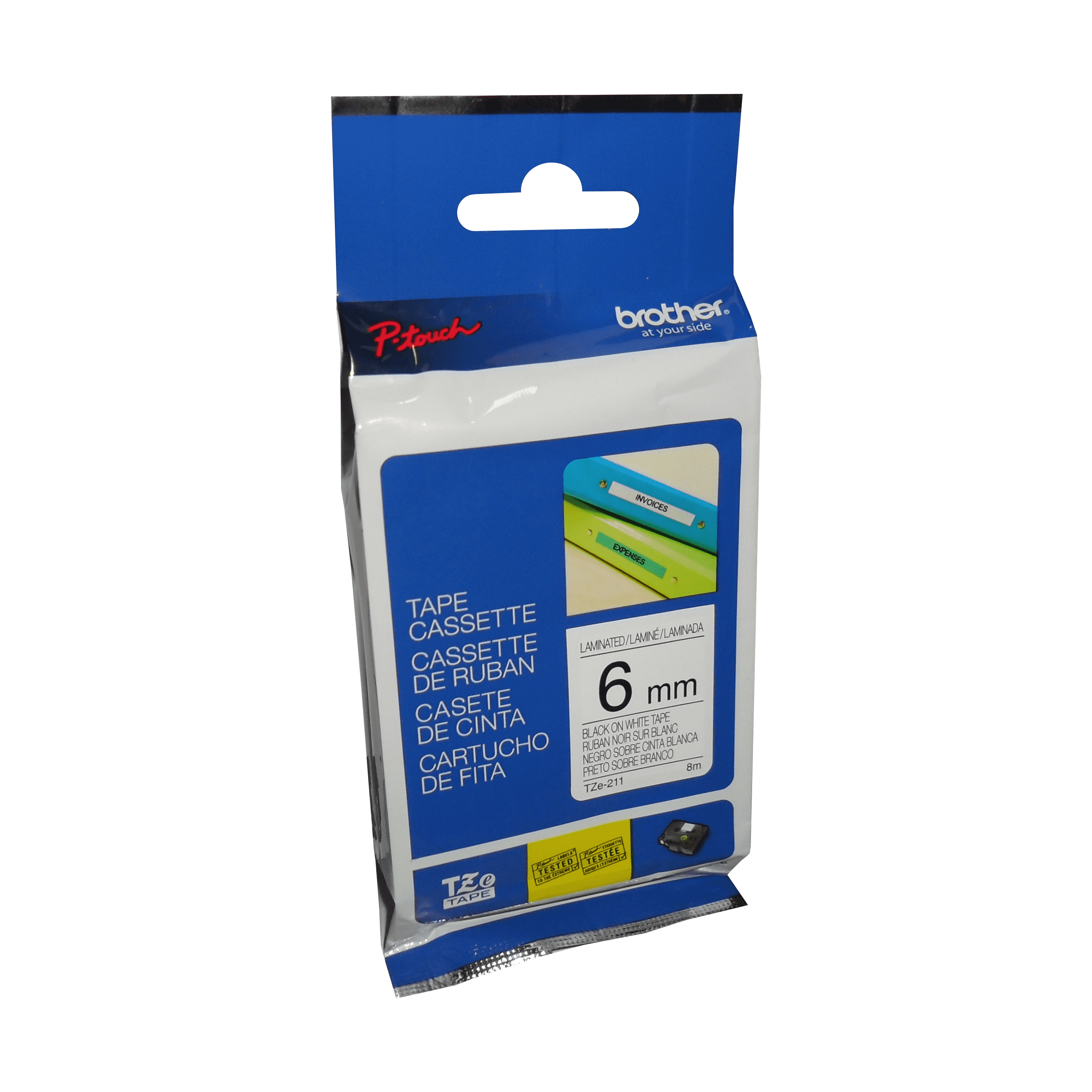 Brother Genuine TZe211 Black on White Laminated Tape for P-touch Label Makers, 6 mm wide x 8 m long - toners.ca