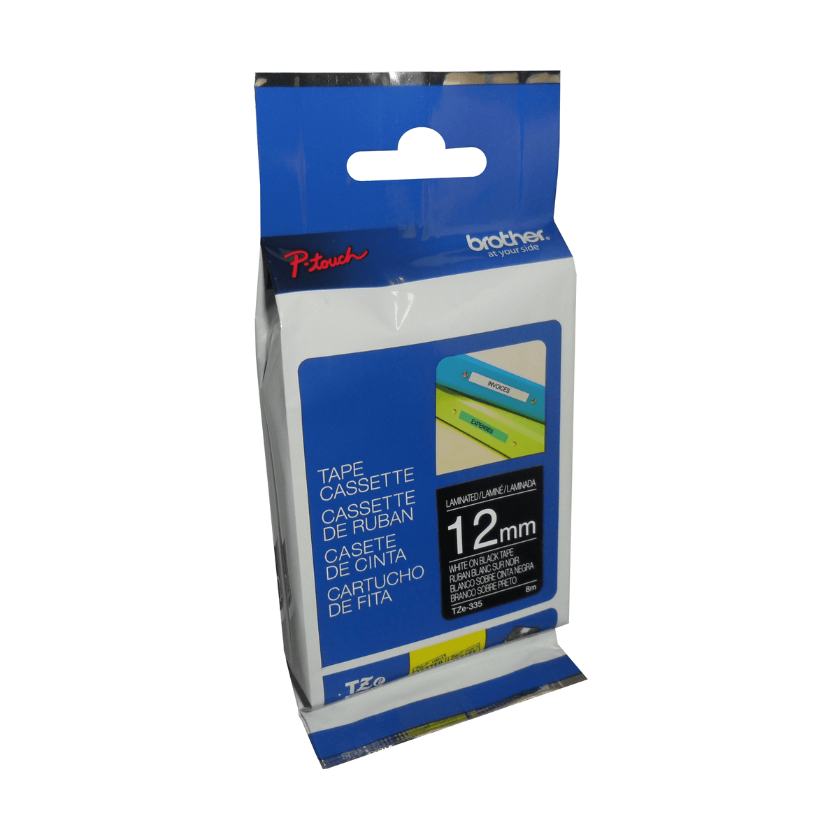Brother Genuine TZe335 White on Black Laminated Tape for P-touch Label Makers, 12 mm wide x 8 m long