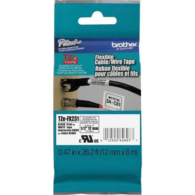 Brother Genuine Tze-FX231 Black on White Flexible ID Laminated Tape for P-touch Label Makers, 12 mm wide x 8 m long - toners.ca