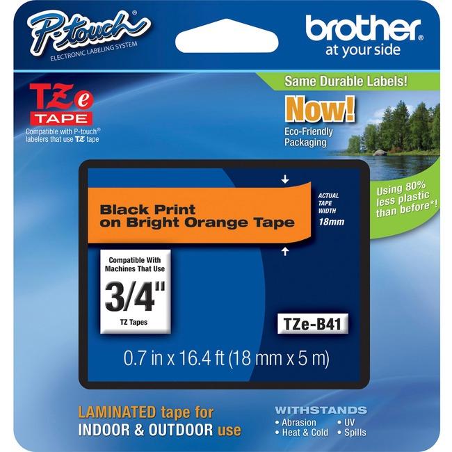 Brother Genuine TZeB41 Black on Fluorescent Orange Laminated Tape for P-touch Label Makers, 18 mm wide x 5 m long - toners.ca