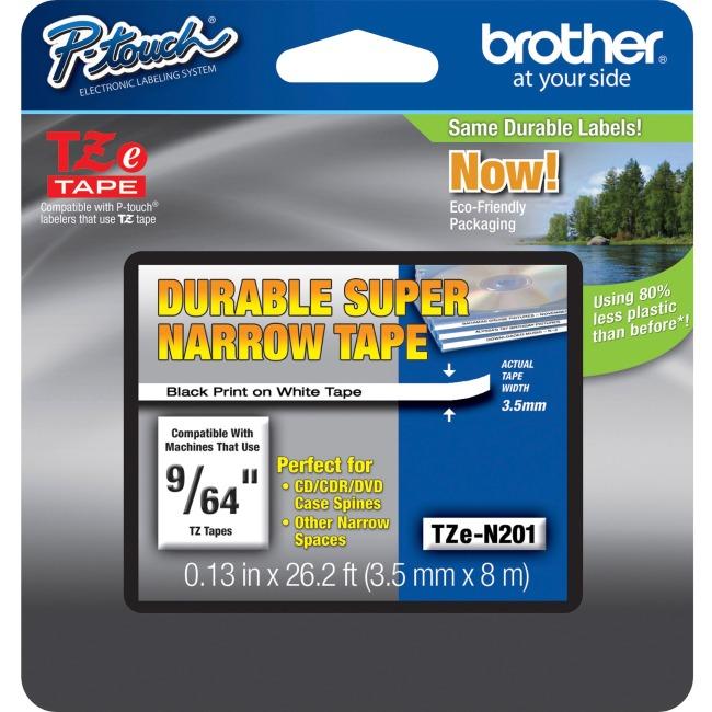 Brother Genuine TZeN201 Black on White Non-Laminated Super-Narrow 3 mm Tape for P-touch Label Makers