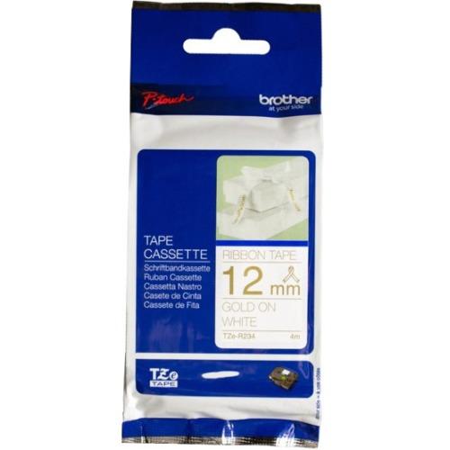 Brother Genuine TZER234 Decorative Gold on White Satin Ribbon for P-touch Label Makers, 12 mm wide x 4 m long