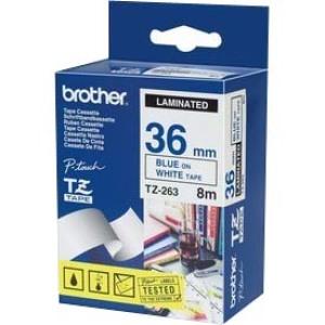 Brother Genuine TZe263 Blue on White Laminated Tape for P-touch Label Makers, 36 mm wide x 8 m long