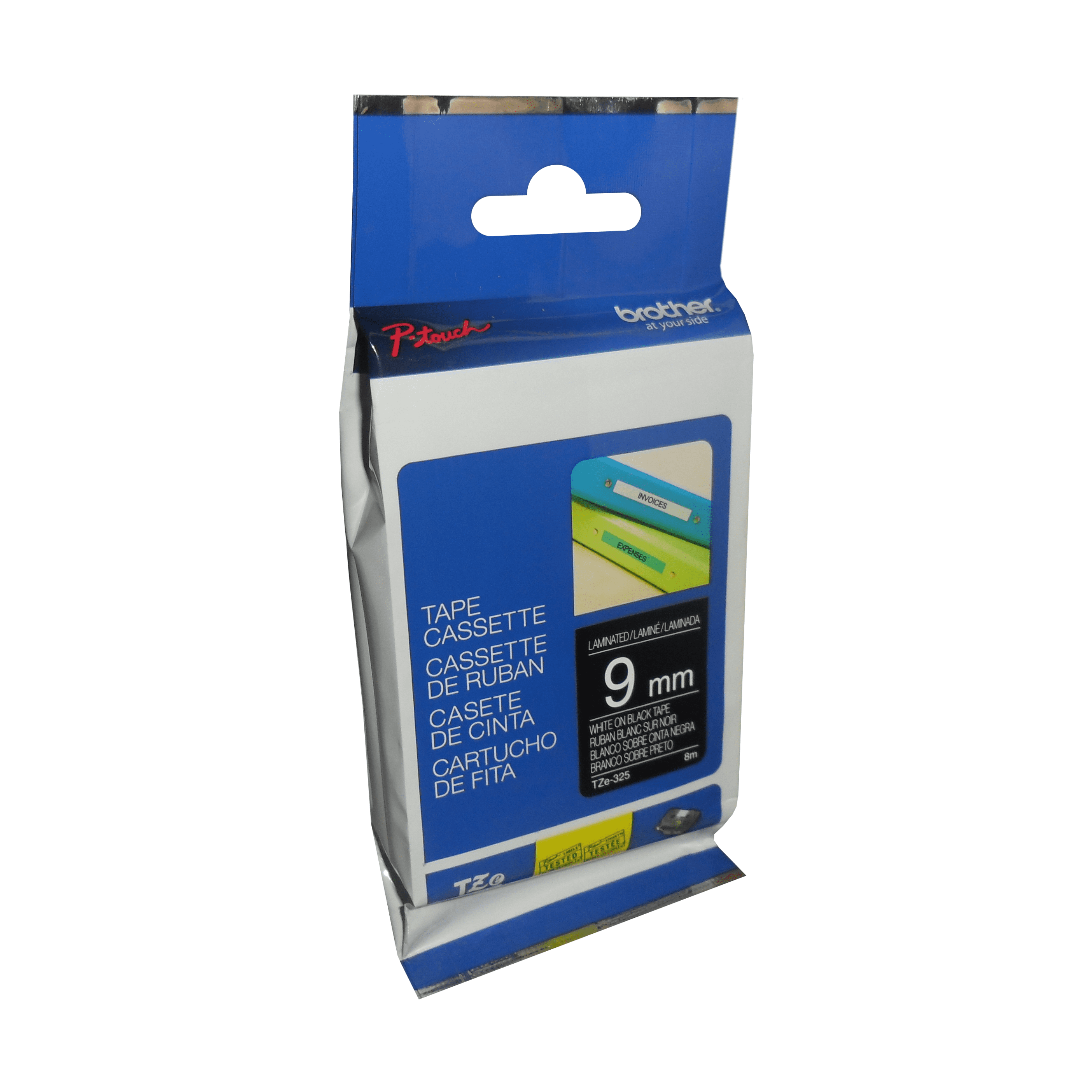 Brother Genuine TZe325 White on Black Laminated Tape for P-touch Label Makers, 9 mm wide x 8 m long